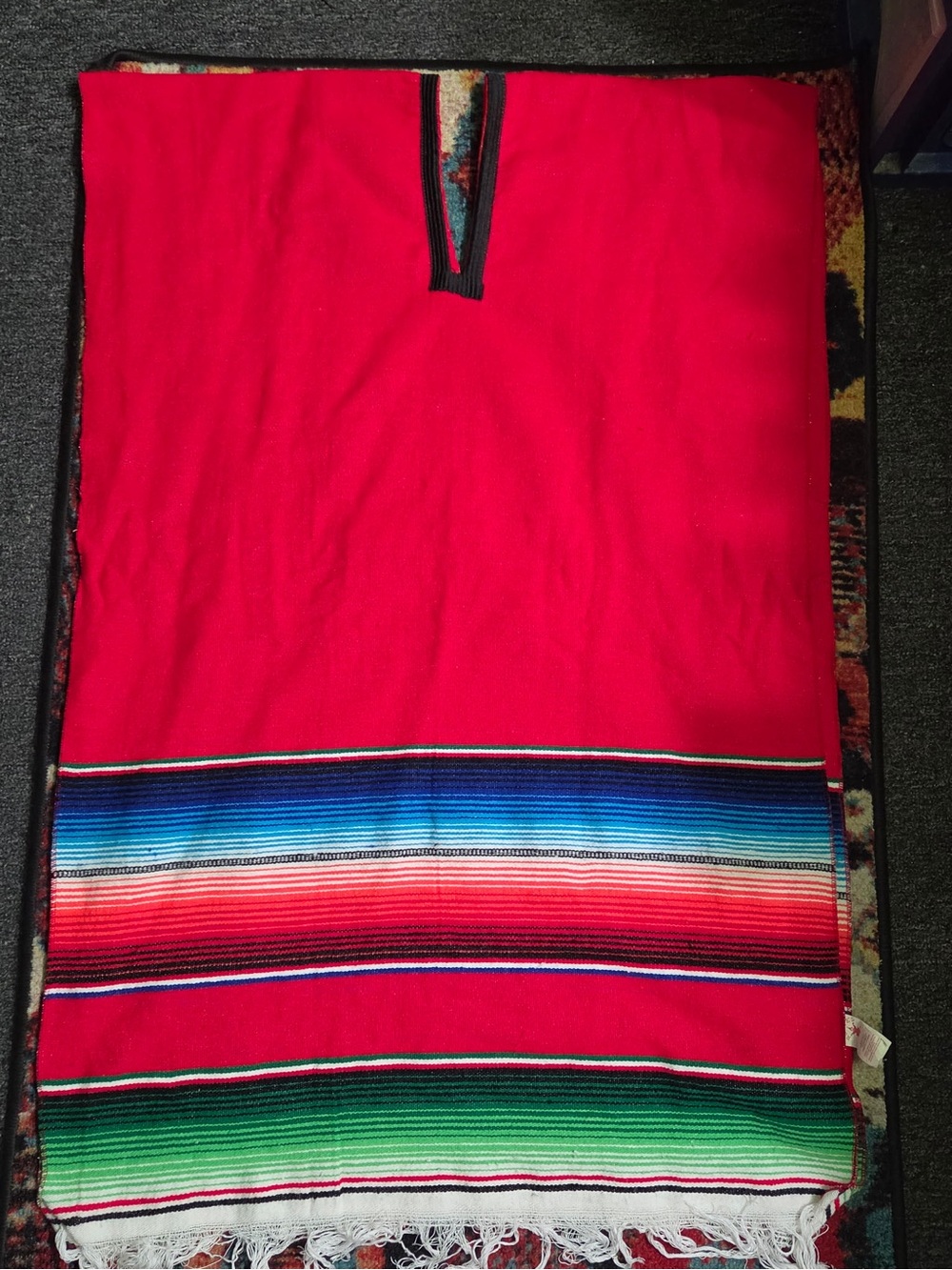 Vibrant Red Mexican Serape Poncho with Multicolor Stripes - One Size - Unisex